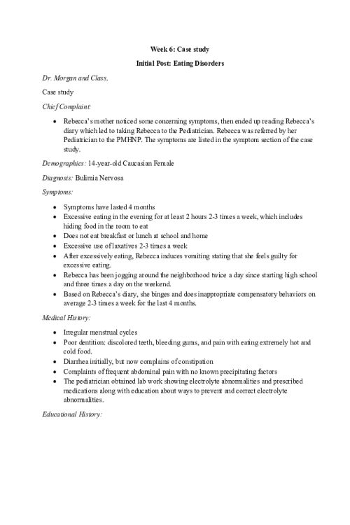 NR 606 Week 6 Assignment; Case Study - Eating Disorders