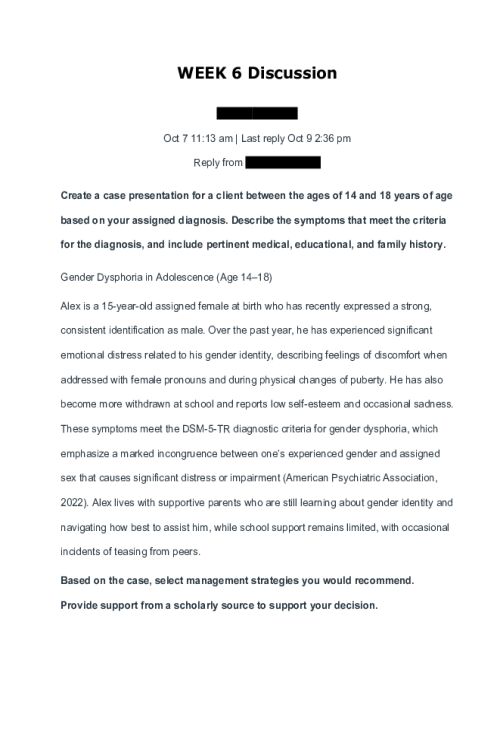 NR 606 Week 6 Discussion; Case Presentation on Gender Dysphoria in Adolescents