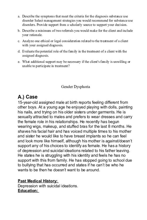 NR 606 Week 6 Discussion; Gender Dysphoria - Case; 15-year-old assigned male at birth...