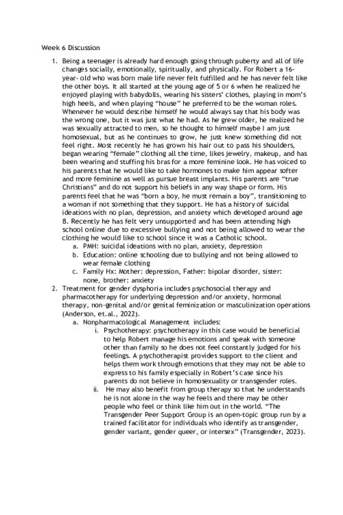 NR 606 Week 6 Discussion; Gender Dysphoria - Case; Robert a 16-year- old ...