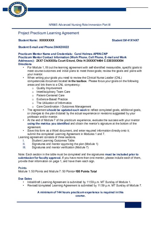 NR 665 Week 1 Project Practicum Initial Draft Learning Agreement
