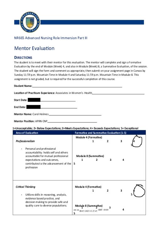 NR 665 Week 8 Complete and Signed Mentor Evaluation