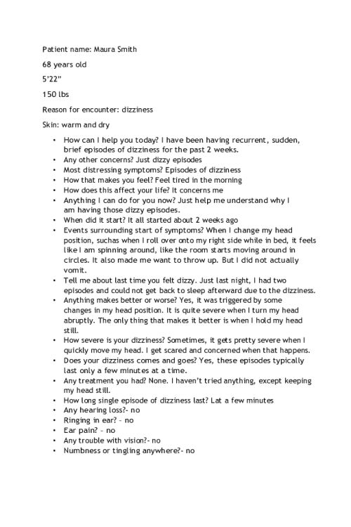 NR 667 Week 5 iHuman Case Study; Dizziness in a 68-Year-Old Patient - Maura Smith