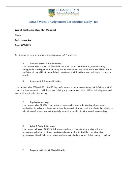 NR 668 Week 1 Assignment; Certification Study Plan