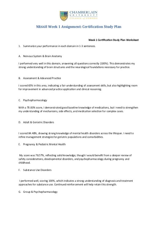 NR 668 Week 1 Certification Study Plan; Performance Summary & Improvement