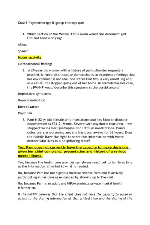 NR 668 Week 2 Quiz 2 Psychotherapy & Group Therapy Quiz