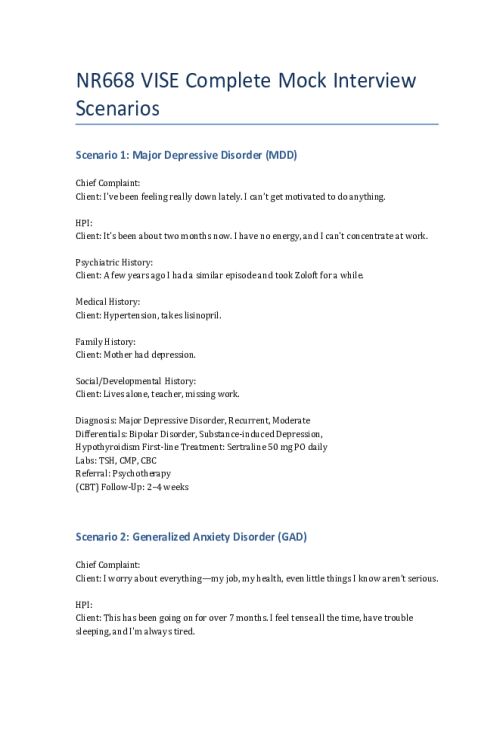 NR 668 Week 2 VISE Mock Interview Scenarios; Mental Health Disorders Overview