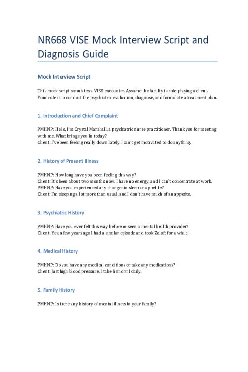 NR 668 Week 2 VISE Mock Interview Script and Diagnosis Guide