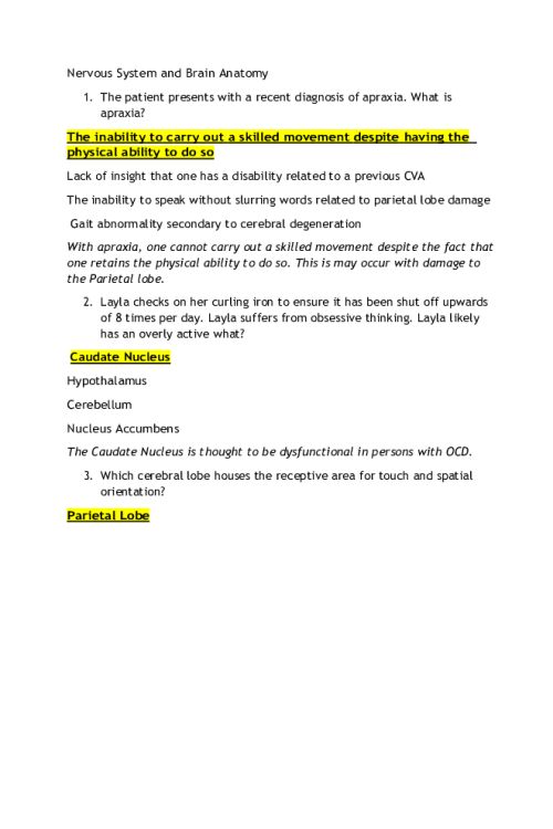 NR 668 Week 3 Quiz 3 Nervous System and Brain Anatomy