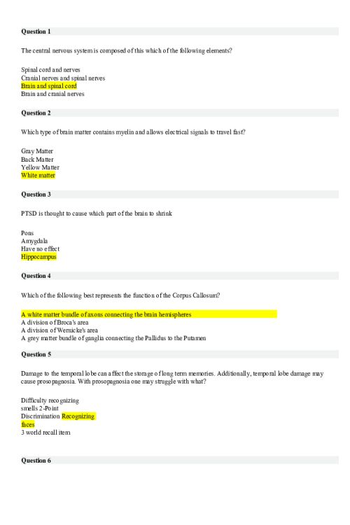 NR 668 Week 3 Quiz - CNS and Brain Function Questions