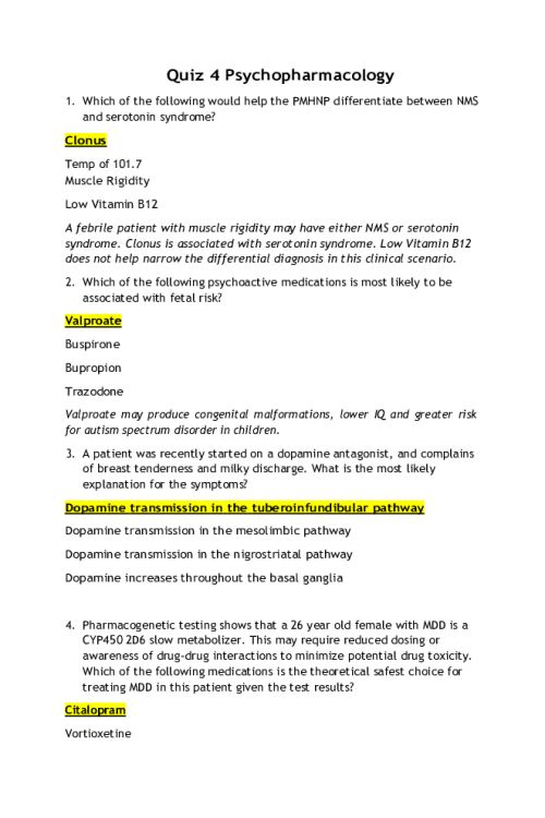 NR 668 Week 4 Quiz 4 Psychopharmacology