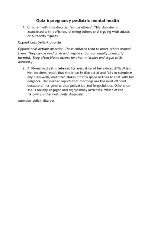 NR 668 Week 6 Quiz 6 Pregnancy Pediatric Mental Health