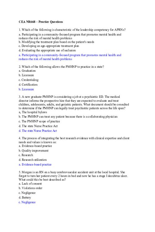 NR 668 Week 8 CEA Practice Exam - All Solved 300+ Questions
