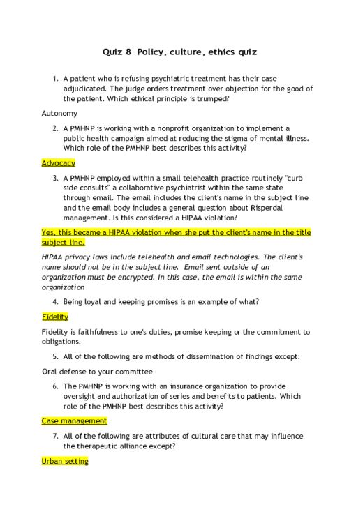 NR 668 Week 8 Quiz 8  Policy, Culture, Ethics quiz