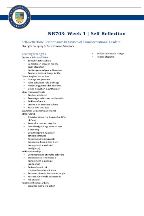NR 703 Week 1 Self-Reflection; Performance Behaviors of Transformational Leaders