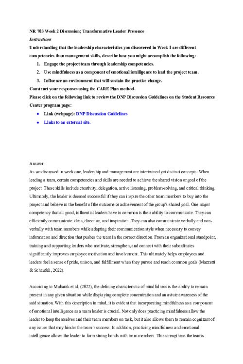 NR 703 Week 2 Discussion; Transformative Leader Presence