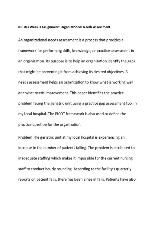 NR 703 Week 3 Assignment; Organizational Needs Assessment