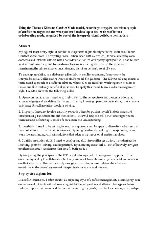 NR 703 Week 3 Discussion; Leading Interprofessional Teams - Using the Thomas-Kilmann Conflict Mode model
