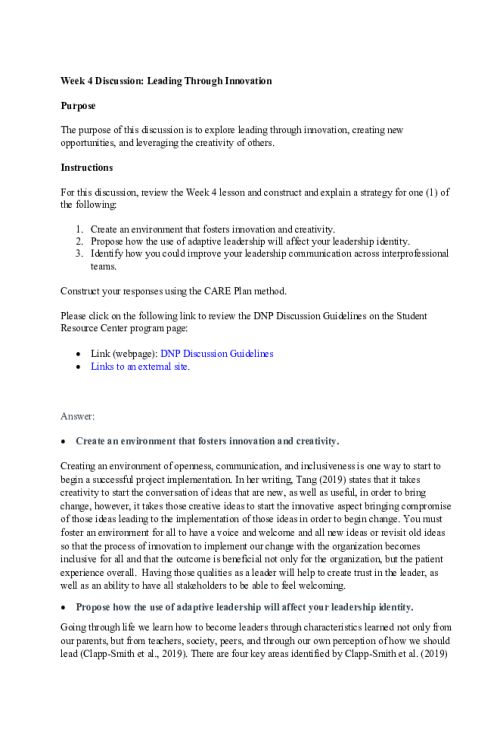 NR 703 Week 4 Discussion; Leading Through Innovation - All Options Explained