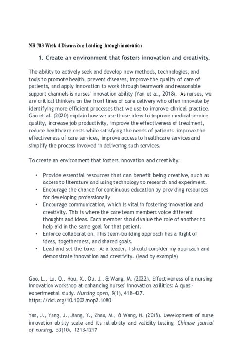 NR 703 Week 4 Discussion; Leading Through Innovation - Create an environment that fosters innovation and creativity