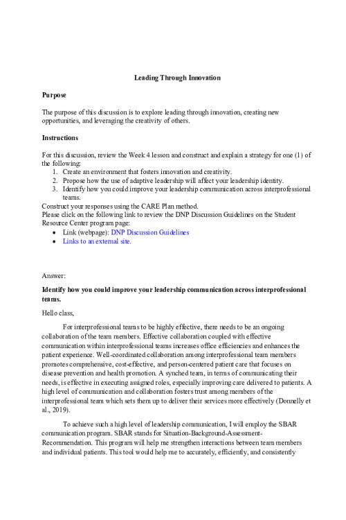 NR 703 Week 4 Discussion; Leading Through Innovation; Identify how you could improve your leadership communication