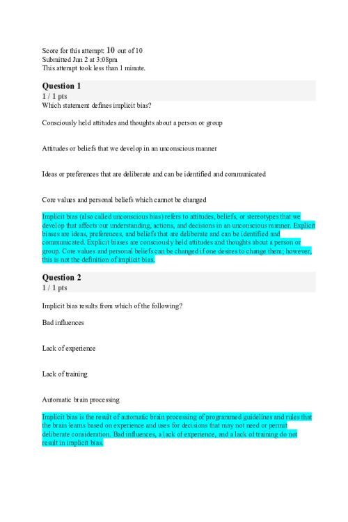 NR 703 Week 5 Assignment; Quiz Addressing Implicit Bias - A Primer for Healthcare Providers