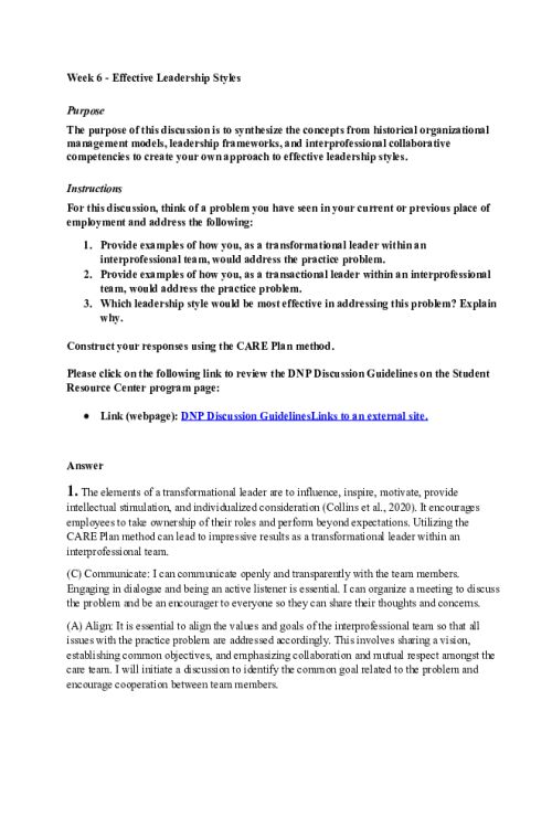 NR 703 Week 6 Discussion; Effective Leadership Styles
