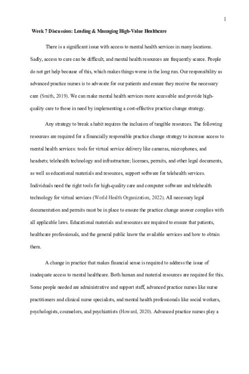 NR 703 Week 7 Discussion; Leading & Managing High-Value Healthcare.