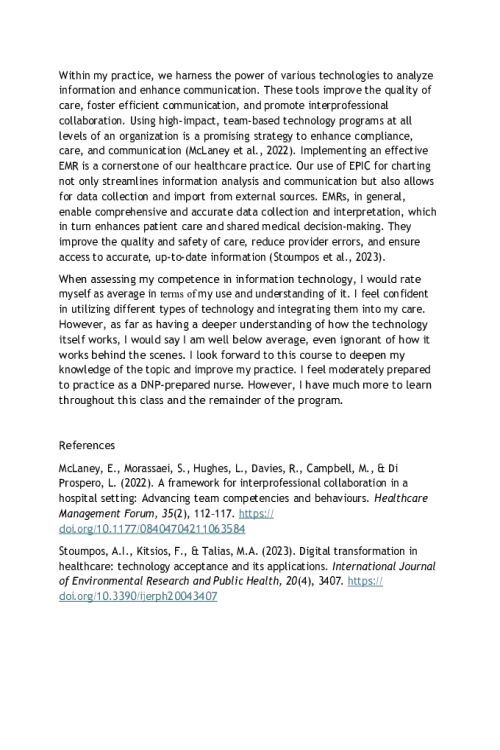 NR 706 Week 1 Discussion; Informatics Competencies and Advanced Nursing Practice