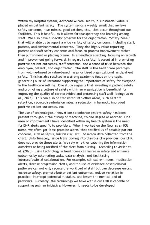 NR 706 Week 5 Discussion; Patient Safety and a Culture of Safety