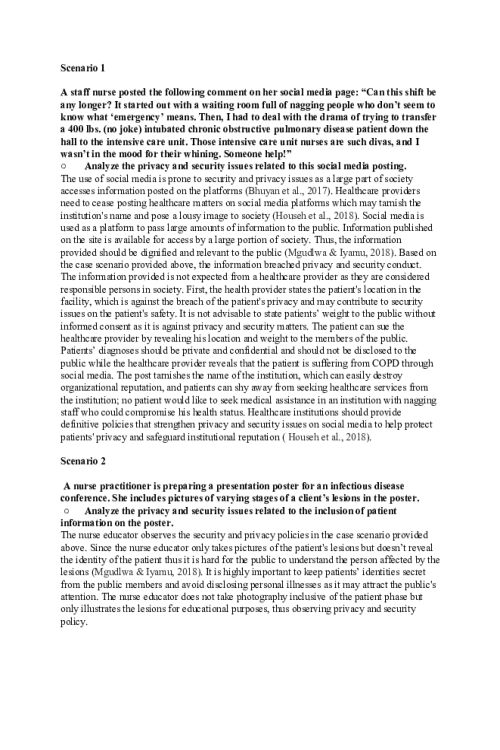 NR 706 Week 6 Discussion; Health Privacy Breach - Scenario 1 and Scenario 2