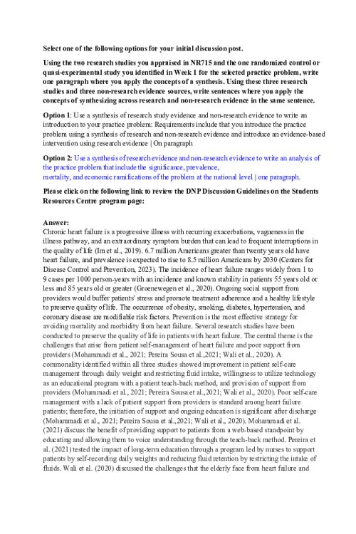 NR 716 Week 2 Discussion; Synthesis - Chronic heart failure
