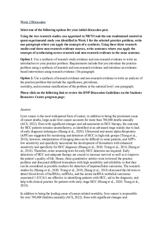 NR 716 Week 2 Discussion; Synthesis - Liver Cancer