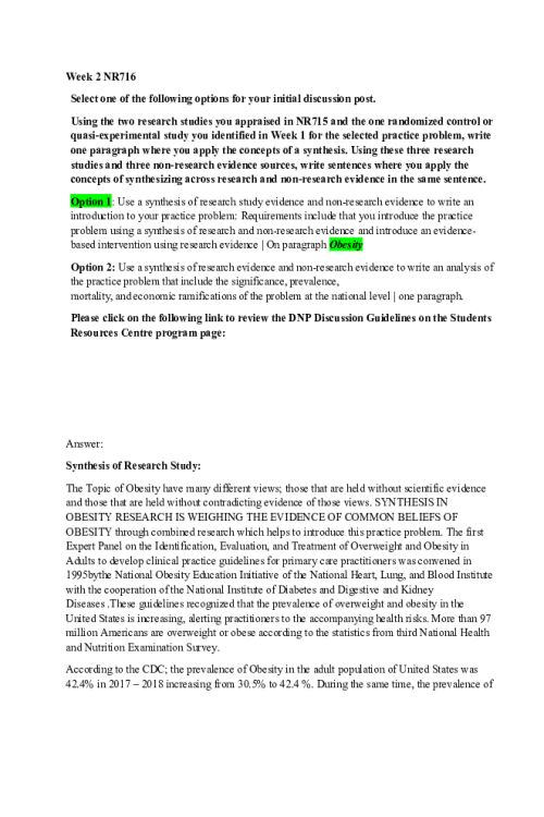 NR 716 Week 2 Discussion; Synthesis - Obesity