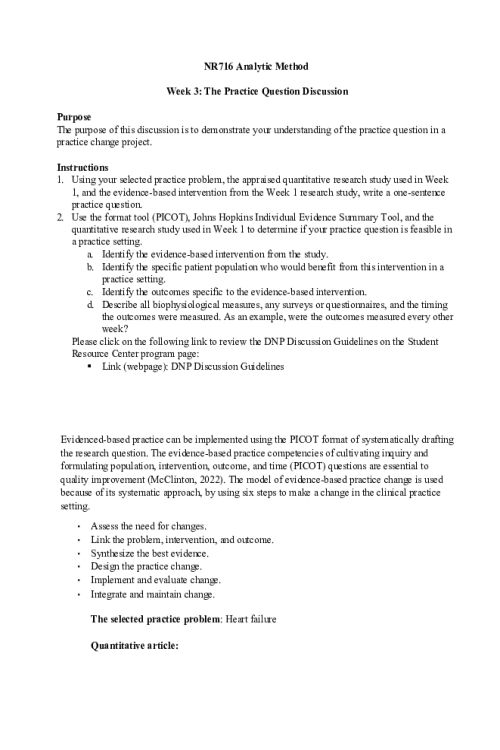NR 716 Week 3 Discussion; The Practice Question - Heart failure