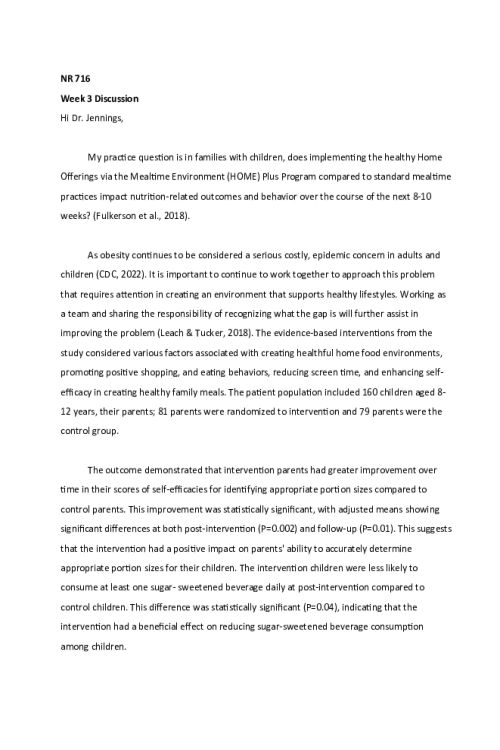 NR 716 Week 3 Discussion; The Practice Question - Obesity