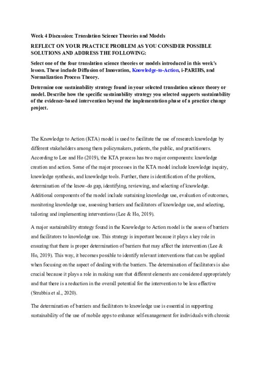 NR 716 Week 4 Discussion; Translation Science Theories and Models - Knowledge-to-Action