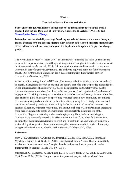 NR 716 Week 4 Discussion; Translation Science Theories and Models - Normalization Process Theory