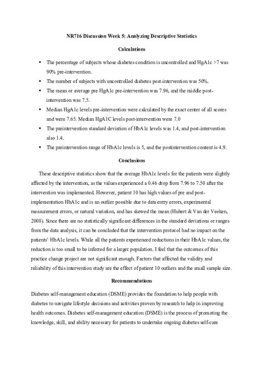NR 716 Week 5 Discussion; Analyzing Descriptive Statistics - Spring Semester