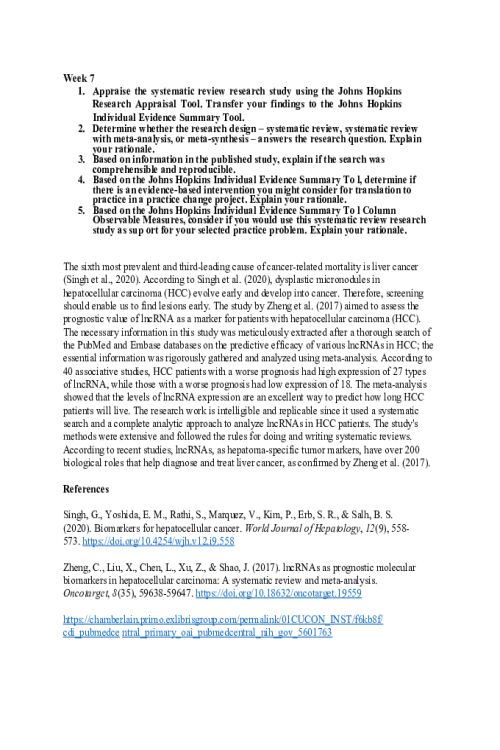 NR 716 Week 7 Discussion; Appraising Systematic Reviews...