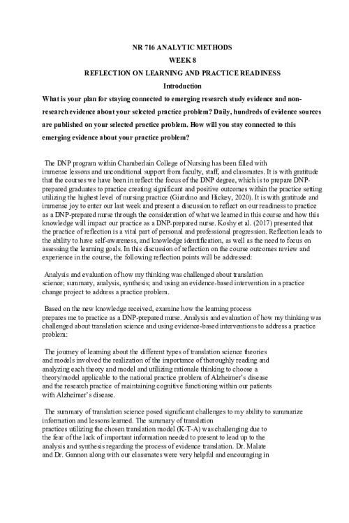 NR 716 Week 8 Discussion; Reflection on Learning and Practice Readiness