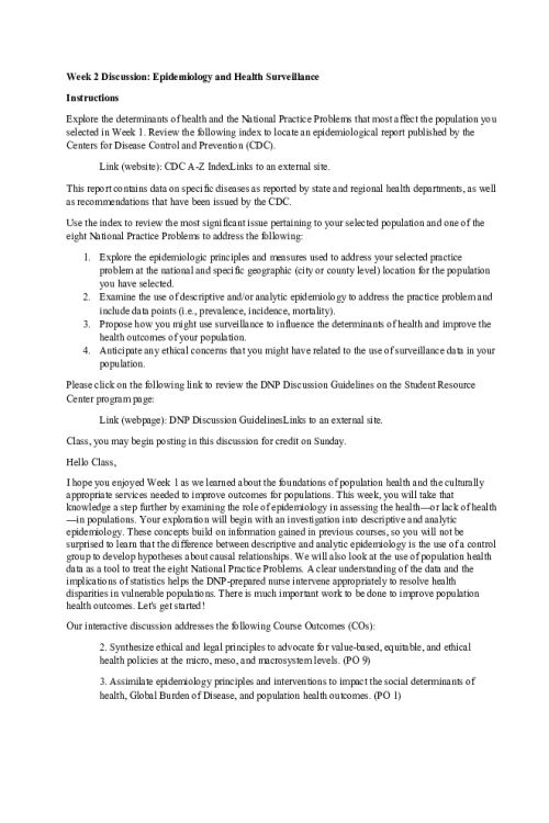 NR 717 Week 2 Discussion; Epidemiology and Health Surveillance