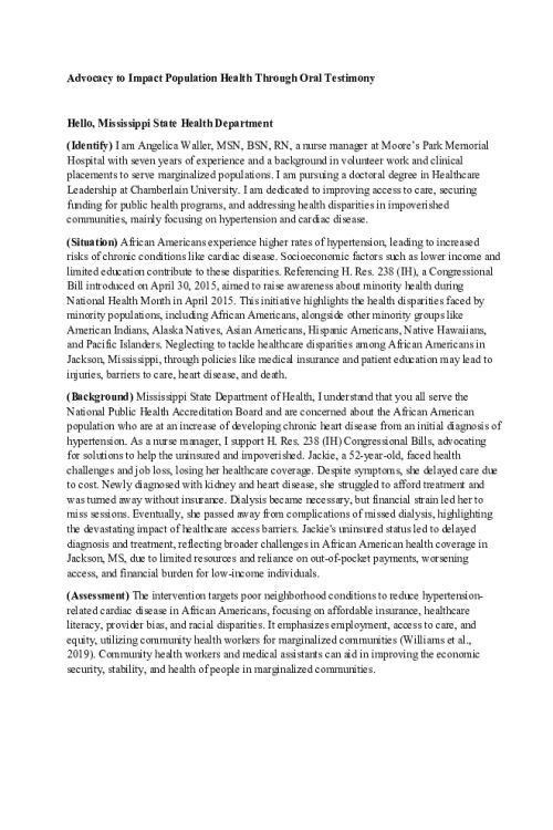 NR 717 Week 7 Assignment; Advocacy to Impact Population Health Through Oral Testimony (PowerPoint Voice-Over to Text)