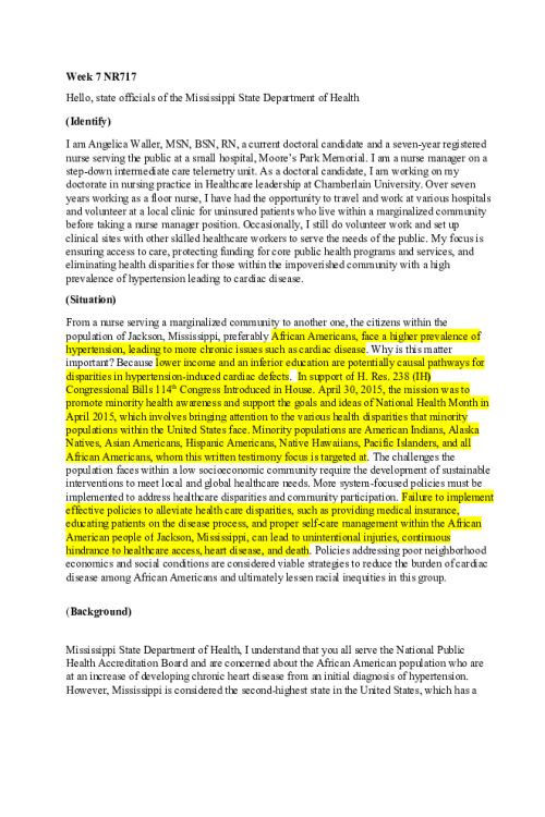 NR 717 Week 7 Discussion; Advocacy to Impact Population Health Through Written Testimony