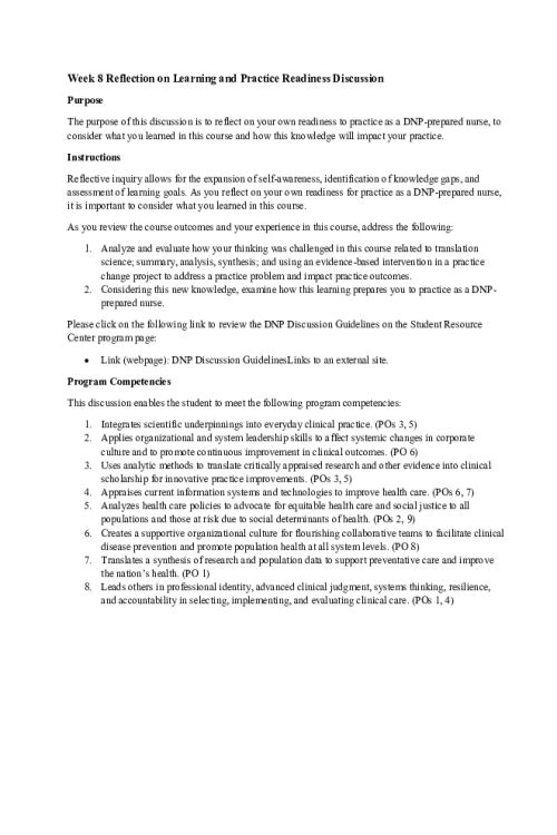 NR 717 Week 8 Discussion; Reflection on Learning and Practice Readiness.