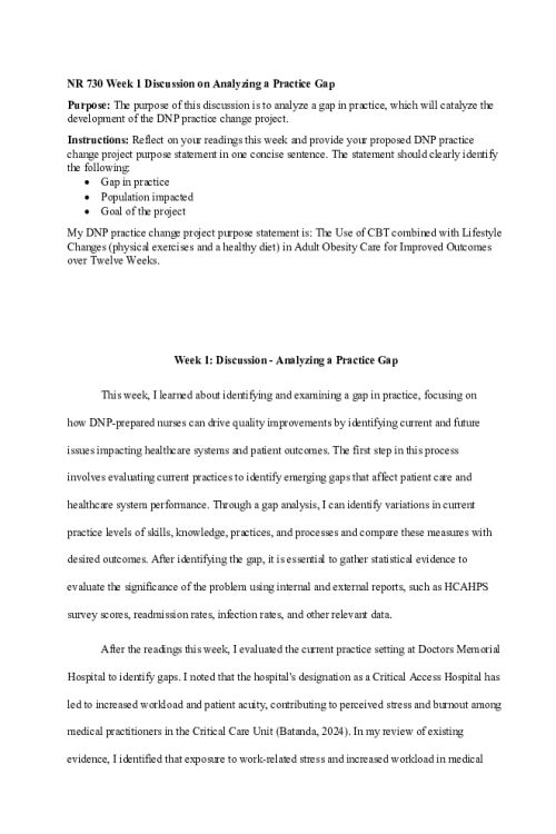 NR 730 Week 1 Discussion; Analyzing a Practice Gap