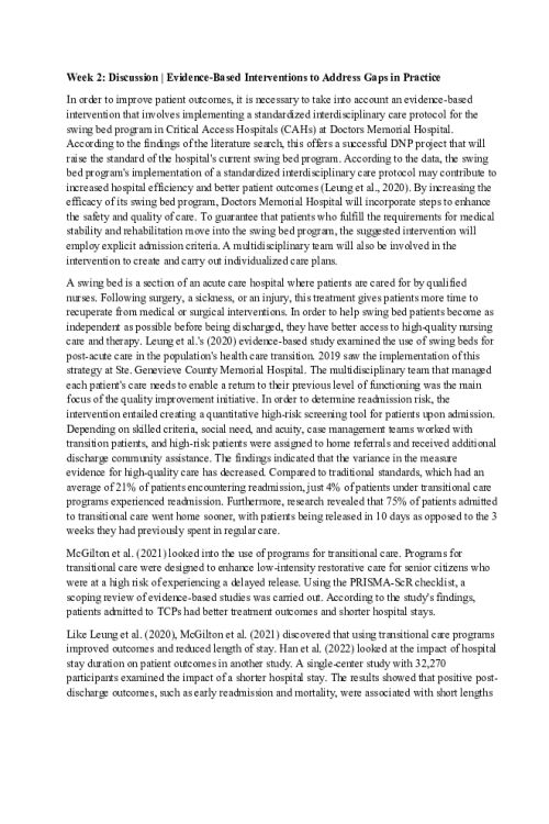 NR 730 Week 2 Discussion; Evidence-Based Interventions to Address Gaps in Practice