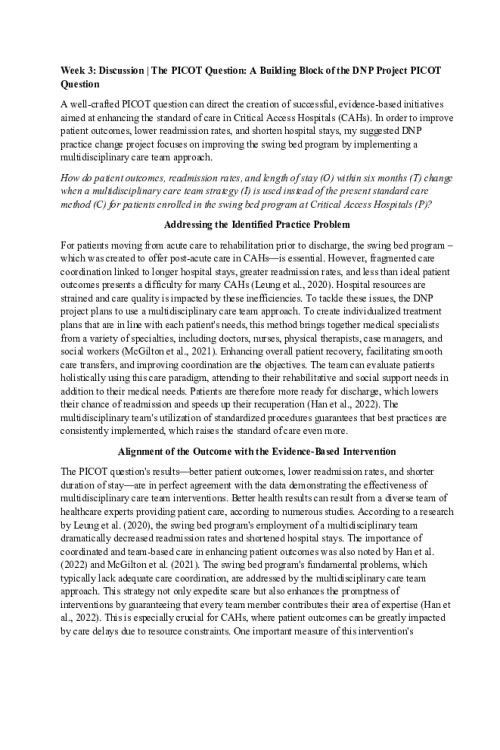 NR 730 Week 3 Discussion; The PICOT Question; A Building Block of the DNP Project