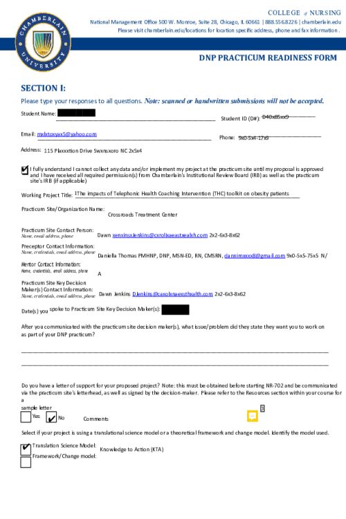 NR 730 Week 5 Assignment; DNP Practicum Readiness Form