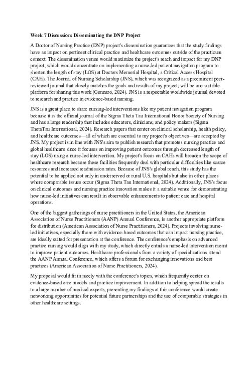 NR 730 Week 7 Discussion; Disseminating the DNP Project